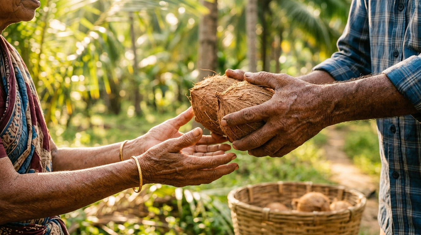 Local farmers in Palakkad meticulously harvesting coconuts in a lush regional plantation