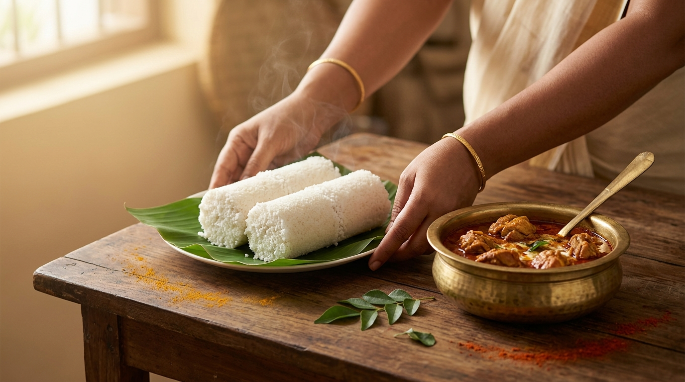 Woman preparing steamed puttu on a banana leaf plate with kadala curry in a traditional Kerala kitchen