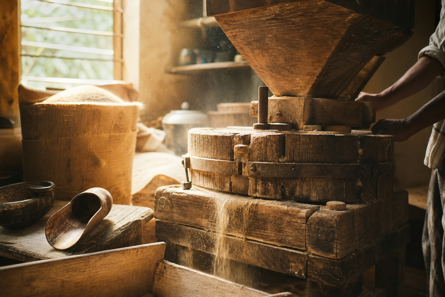 Traditional grain grinding mill with wooden machinery in a sunlit artisanal workshop
